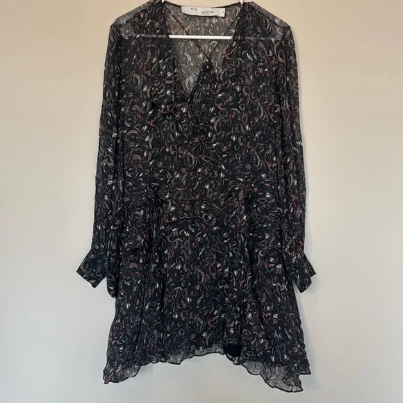 IRO Honess Long Sleeve Ruffle Mini Dress in Patterned Black - 6 - Picture 2 of 5